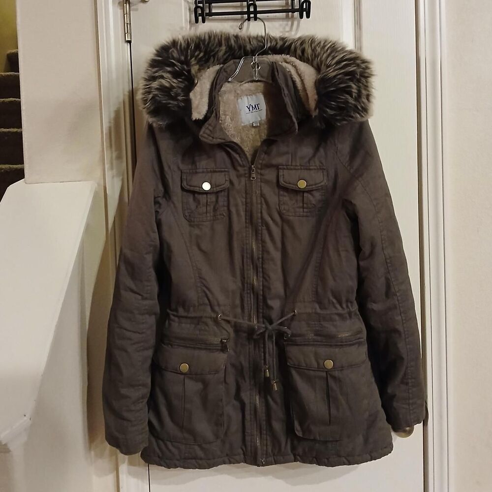 Y2K green parka utility jacket faux sherpa lining pockets faux fur trim hood M